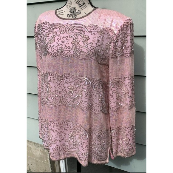 Vintage Talbots Joan Leslie Pink 100% Silk heavily beaded long sleeve blouse - Picture 4 of 11
